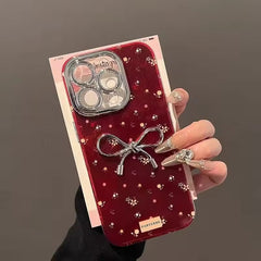 Red Small Floral Flower Silver Bow Glossy iPhone Hybrid Case