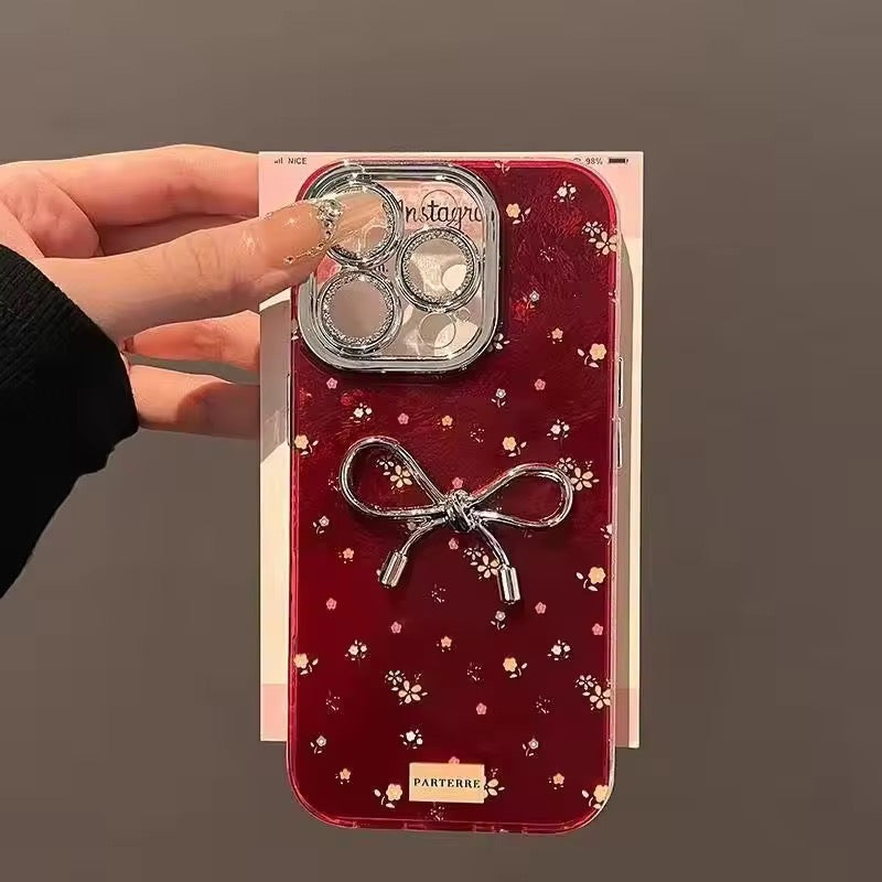 Red Small Floral Flower Silver Bow Glossy iPhone Hybrid Case