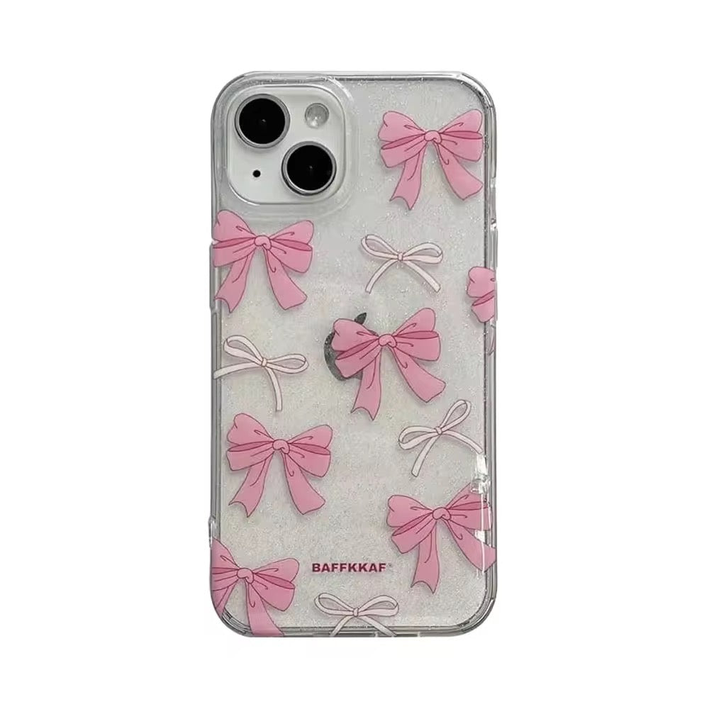 Aesthetic Cute Pink Bow Glitter Bling Transparent iPhone Hybrid Case