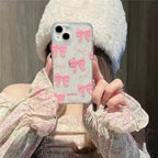 Protective Apple iPhone Back Cover - Aesthetic Cute Pink Bow Glitter Bling Transparent iPhone Hybrid Case - Style 5
