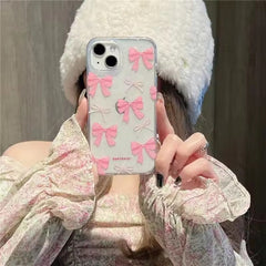 Aesthetic Cute Pink Bow Glitter Bling Transparent iPhone Hybrid Case