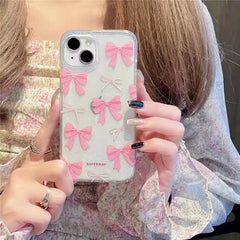 Aesthetic Cute Pink Bow Glitter Bling Transparent iPhone Hybrid Case