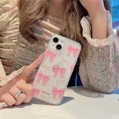 Aesthetic Cute Pink Bow Glitter Bling Transparent iPhone Hybrid Case