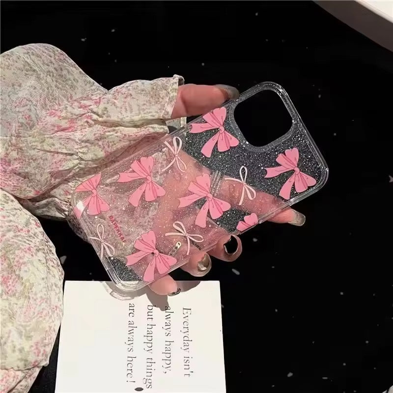 Aesthetic Cute Pink Bow Glitter Bling Transparent iPhone Hybrid Case
