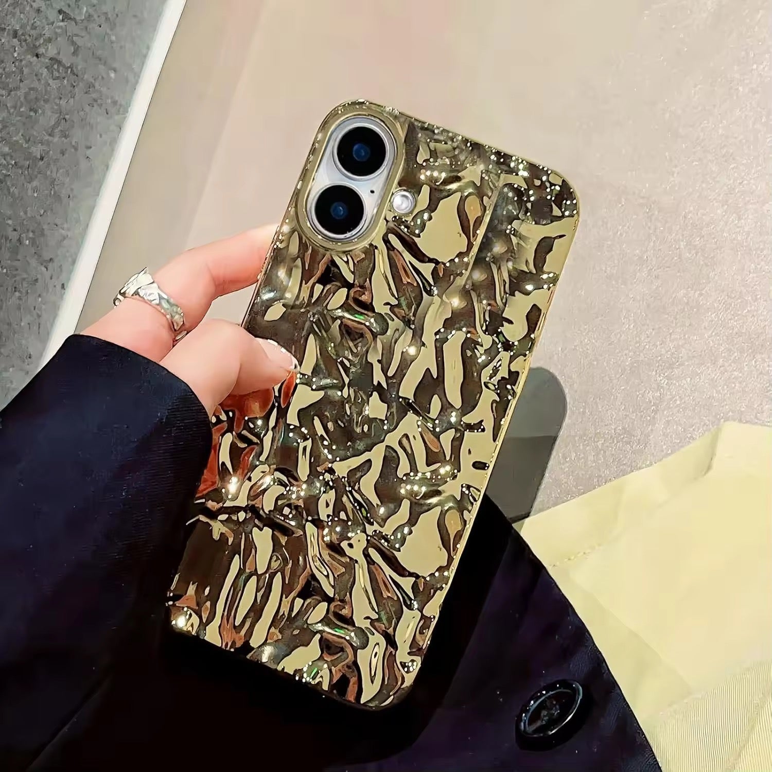 Protective Apple iPhone Back Cover - Wrinkle Golden Textured Glossy iPhone Soft Silicone Case - Style 6