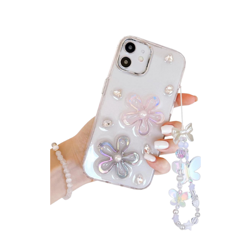 3D Floral Pearl Design Phone Case – Soft TPU with Gloss Finish for iPhone