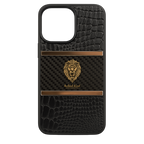 Protective Apple iPhone Back Cover - Luxury Lion Carbon Fiber Case with Crocodile Texture & Gold Detailing – iPhone 15 Pro