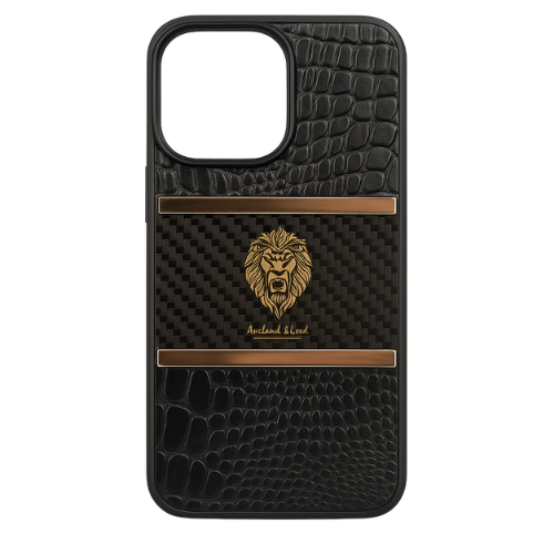 Luxury Lion Carbon Fiber Case with Crocodile Texture & Gold Detailing – iPhone 15 Pro