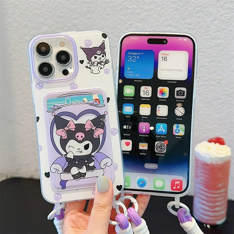 Kuromi Lanyard Card Holder iPhone Case – Cute Purple Silicone Wallet Cover