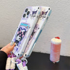 Protective Apple iPhone Back Cover - Kuromi Lanyard Card Holder iPhone Case – Cute Purple Silicone Wallet Cover - Style 4