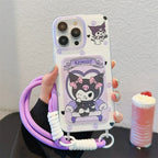 Protective Apple iPhone Back Cover - Kuromi Lanyard Card Holder iPhone Case – Cute Purple Silicone Wallet Cover - Style 6