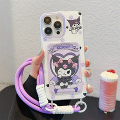 Kuromi Lanyard Card Holder iPhone Case – Cute Purple Silicone Wallet Cover