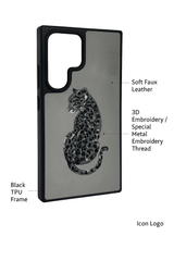 Leopard Embroidered Leather Case for Samsung Galaxy S24 Ultra – Minimalist 3D Stitching Cover