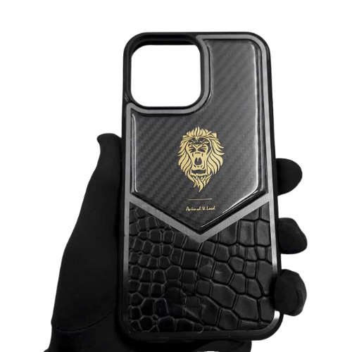 Luxury Lion Carbon Fiber Case with Crocodile Texture & Gold Detailing – iPhone Series