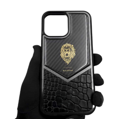 Luxury Lion Carbon Fiber Case with Crocodile Texture & Gold Detailing – iPhone Series