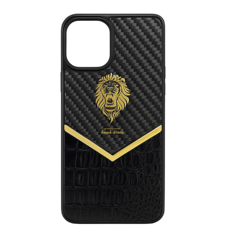 Luxury Lion Carbon Fiber Case with Crocodile Texture & Gold Detailing – iPhone Series