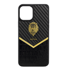 Luxury Lion Carbon Fiber Case with Crocodile Texture & Gold Detailing – iPhone Series