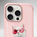 Nimmy Premium Embroidered Leather Case - NIMMY Glasses Cool Cat Chain Series with Metal Camera Ring for the iPhone 16 series - Style 2