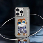 Nimmy Premium Embroidered Leather Case - NIMMY Glasses Cool Cat Chain Series with Metal Camera Ring for the iPhone 16 series - Style 3