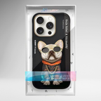 Nimmy Premium Embroidered Leather Case - NIMMY Glasses Cool Pug Chain Series with Metal Camera Ring for the iPhone 16 series - Style 4
