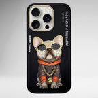 Nimmy Premium Embroidered Leather Case - NIMMY Glasses Cool Pug Chain Series with Metal Camera Ring for the iPhone 16 series