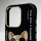 Nimmy Premium Embroidered Leather Case - NIMMY Glasses Cool Pug Chain Series with Metal Camera Ring for the iPhone 16 series - Style 3