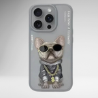 Nimmy Premium Embroidered Leather Case - NIMMY Glasses Cool Pug Chain Series with Metal Camera Ring for the iPhone 16 series