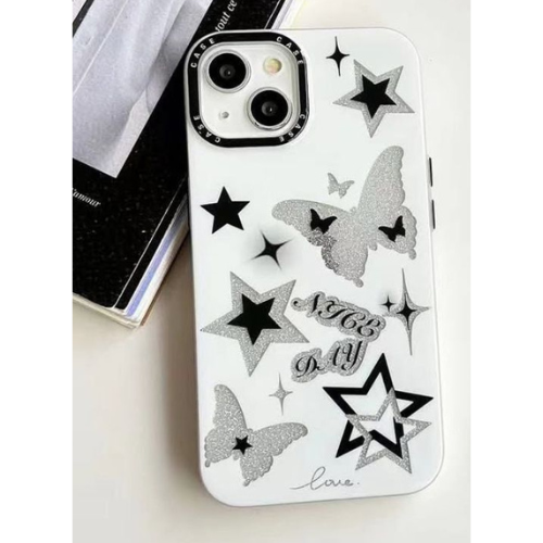 NYC Day Glitter Butterfly & Star Hard TPU iPhone Case – White Aesthetic