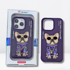 Nimmy Premium Embroidered Leather Case - Nimmy 3D Pug Leather Mobile Case for iPhone 15/Pro/Pro Max (Purple) - Style 2