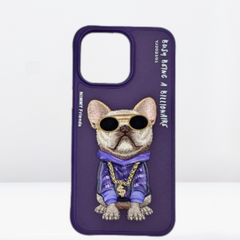 Nimmy 3D Pug Leather Mobile Case for iPhone 15/Pro/Pro Max (Purple)