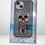 Nimmy Premium Embroidered Leather Case - Nimmy 3D Pug Leather Mobile Case for iPhone 15 Serires (Grey) - Style 2