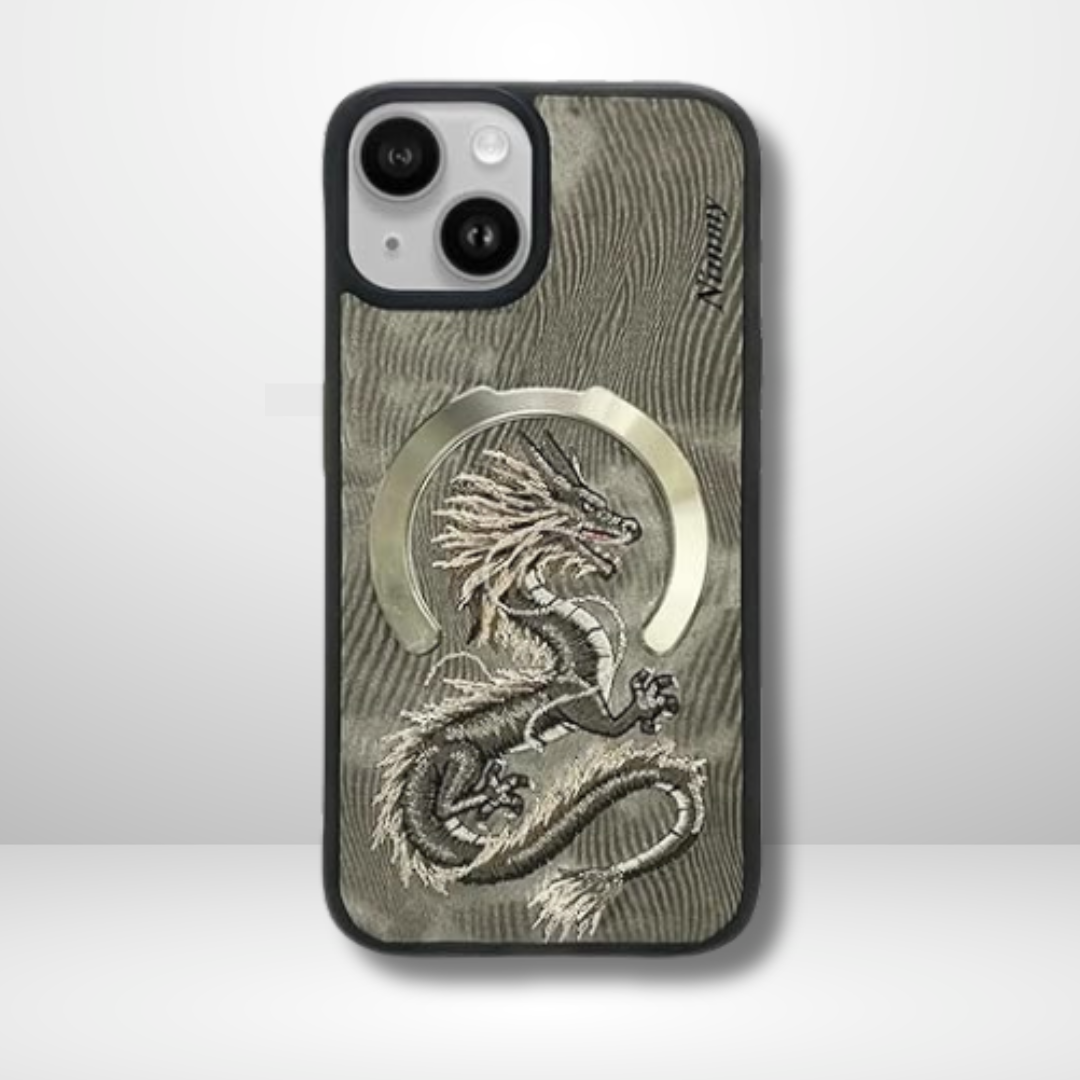 Premium 3D Embroidered Fantasy Animal Series Leather MagSafe Case for iPhone 15 Series( Gold Dragon)