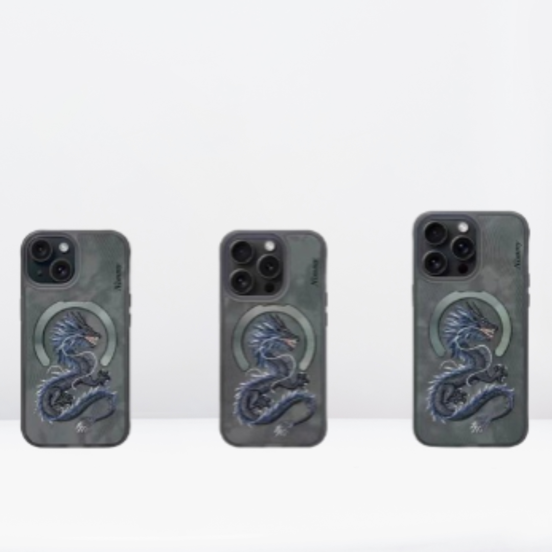 Premium 3D Embroidered Fantasy Animal Series Leather MagSafe Case for iPhone 15 Series( Black Dragon)