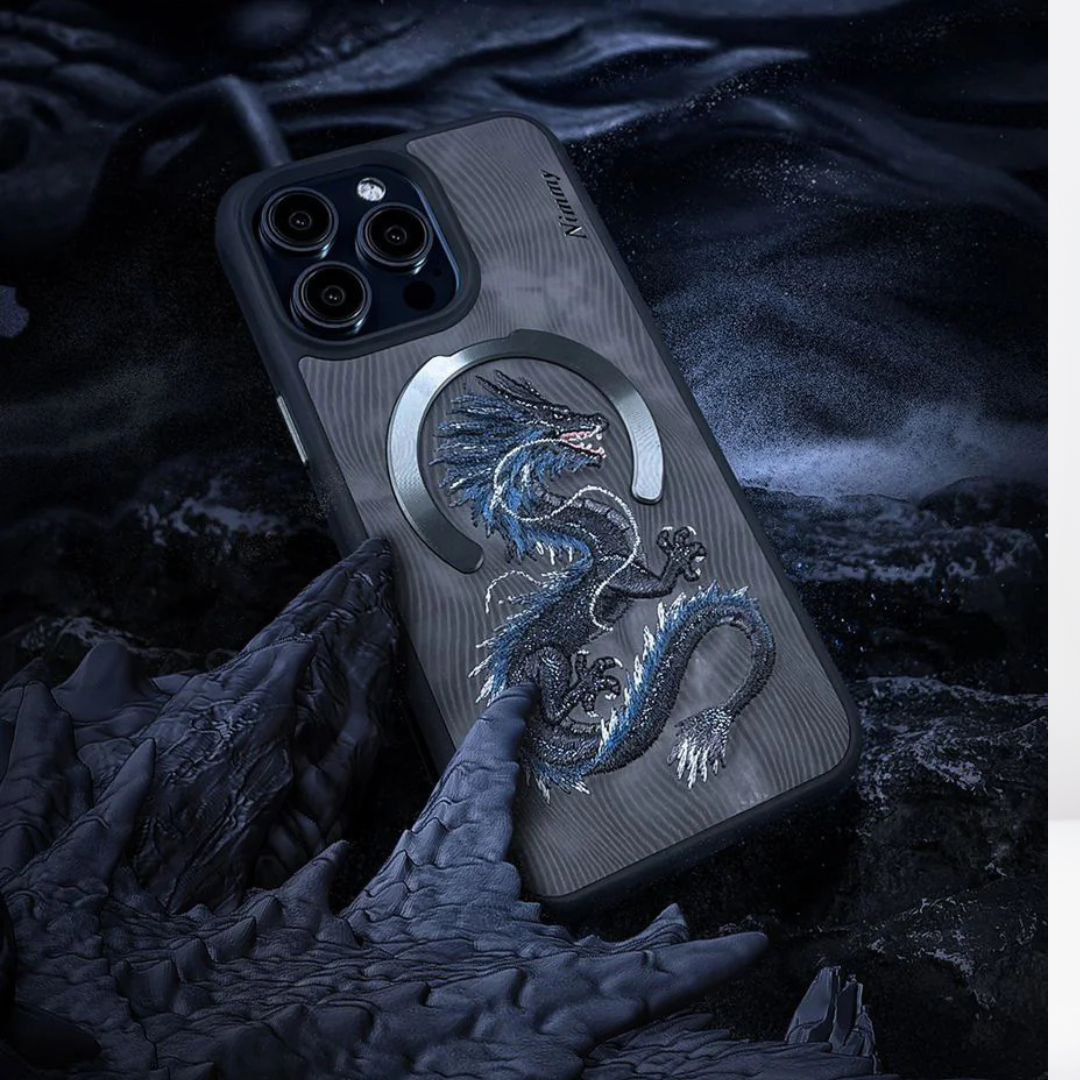 Premium 3D Embroidered Fantasy Animal Series Leather MagSafe Case for iPhone 15 Series( Black Dragon)