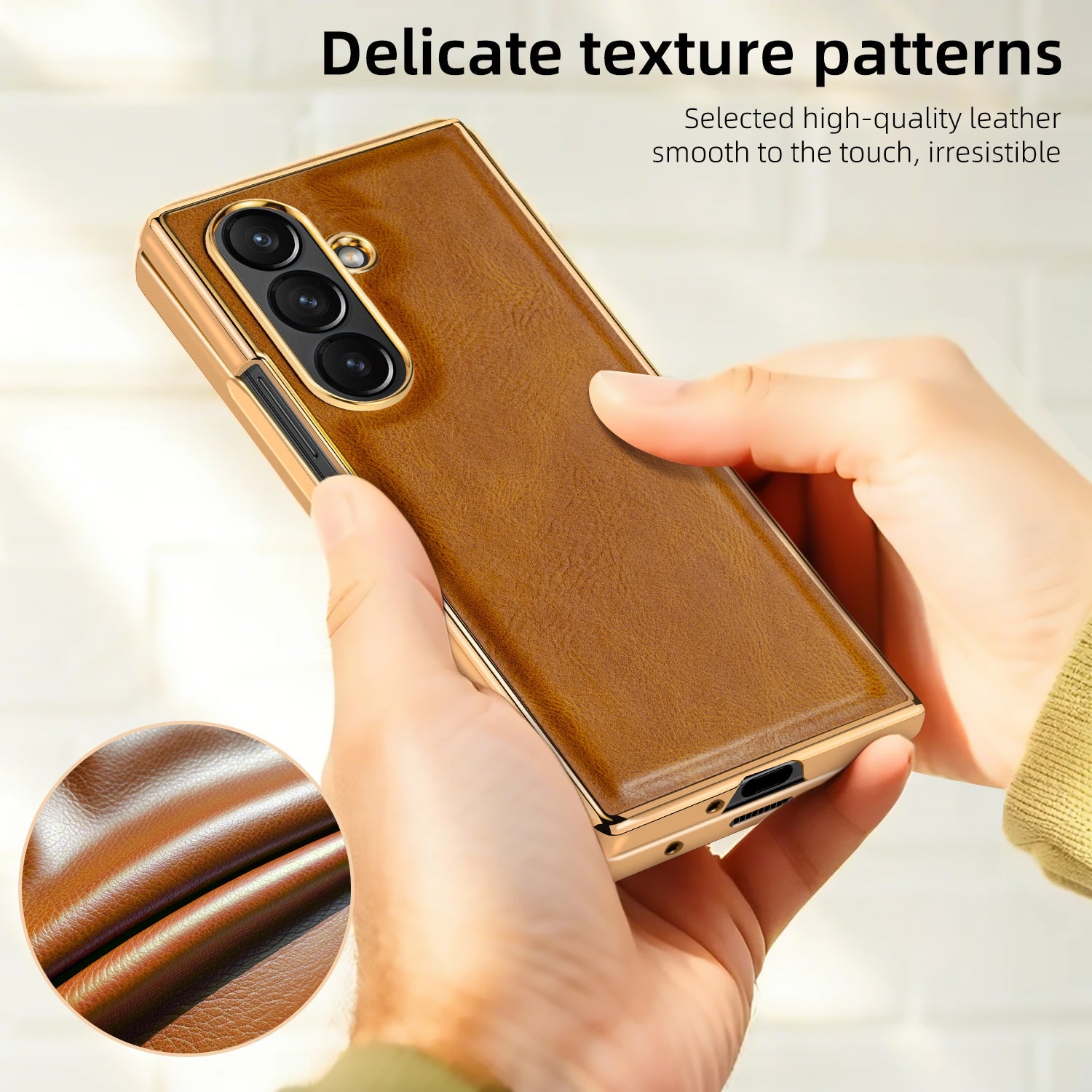 Samsung Galaxy Fold7 Gold Plating Leather Case with Front Glass Protector