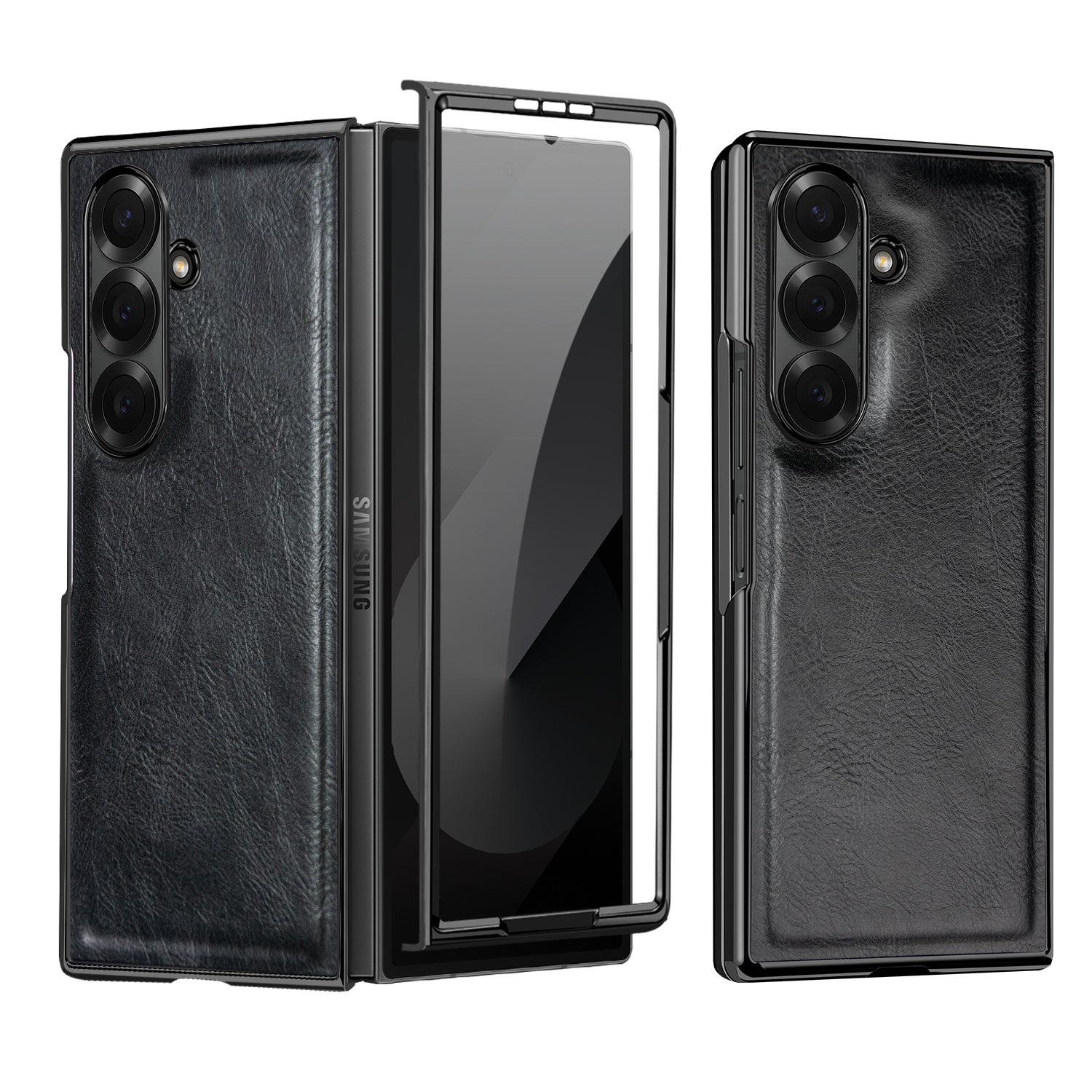Samsung Galaxy Fold7 Gold Plating Leather Case with Front Glass Protector - Black
