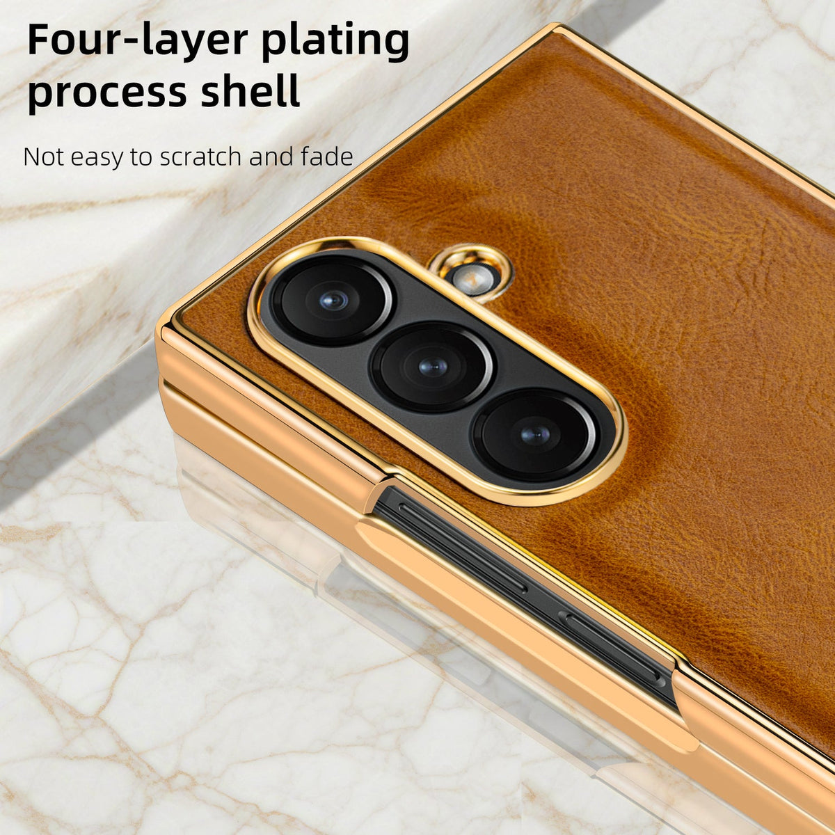 Samsung Galaxy Fold7 Gold Plating Leather Case with Front Glass Protector - Black