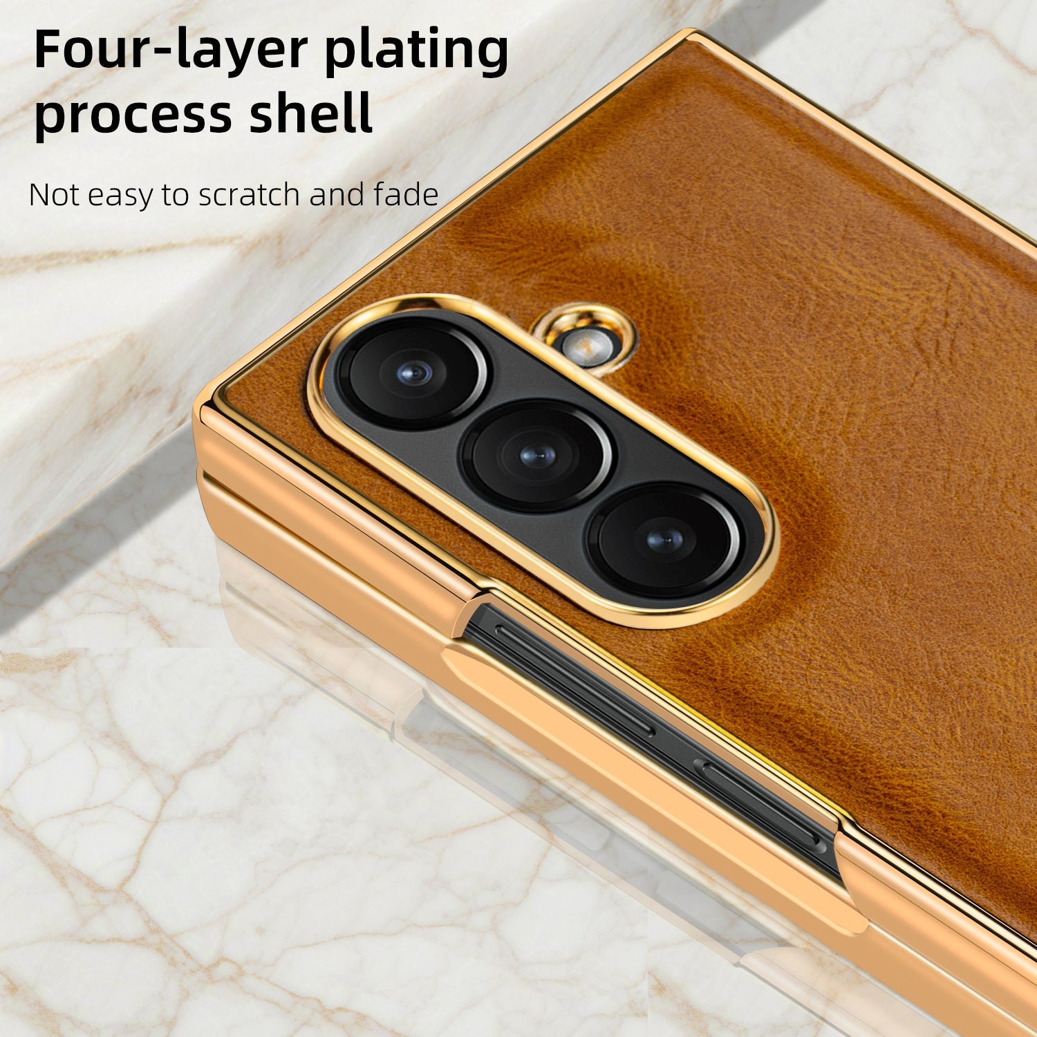 Samsung Galaxy Fold7 Gold Plating Leather Case with Front Glass Protector
