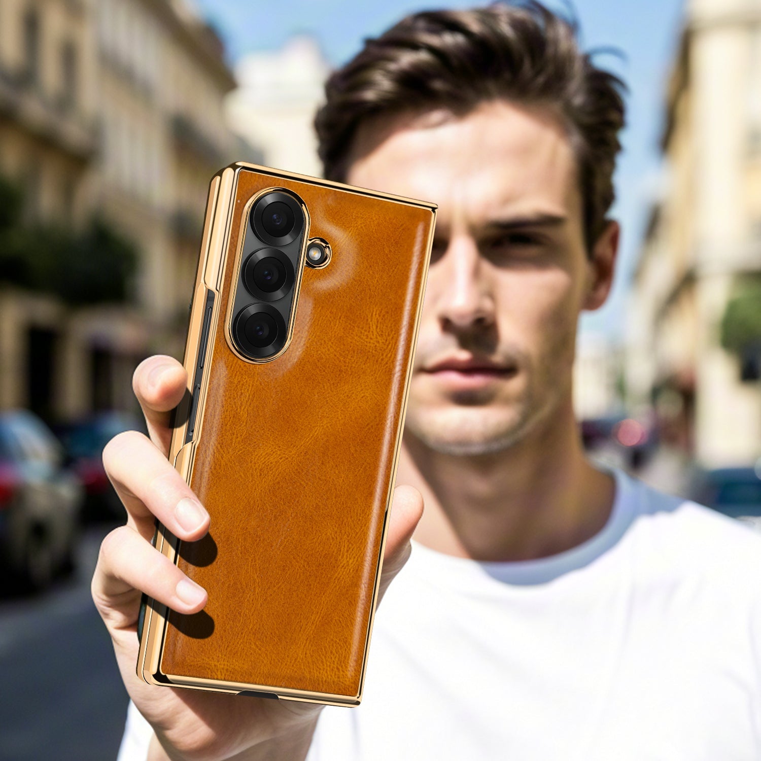 Samsung Galaxy Fold7 Gold Plating Leather Case with Front Glass Protector