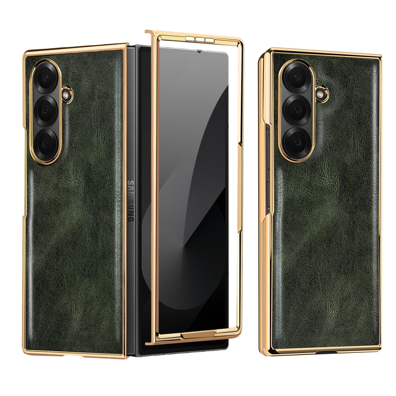 Samsung Galaxy Fold7 Gold Plating Leather Case with Front Glass Protector