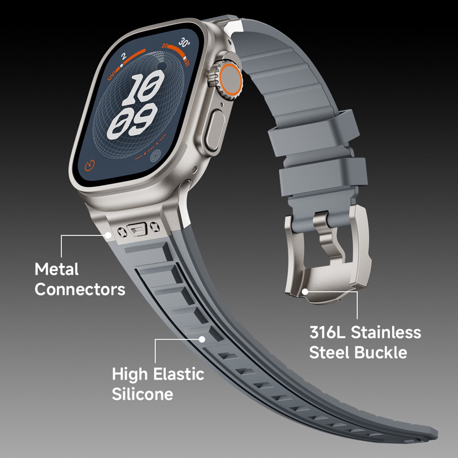 Metal Connector Silicon Watch Band for 42/44/45 & 49 mm (Titanium + Grey)