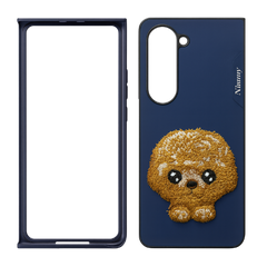 Samsung Galaxy Z Fold 5 Cute Dog Embroidery Leather Back Cover Case with Frame