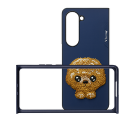 Samsung Galaxy Z Fold 5 Cute Dog Embroidery Leather Back Cover Case with Frame