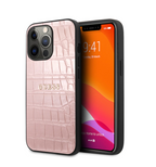 Protective Apple iPhone Back Cover - iPhone 13 Pro Max LEATHER CASE PINK CROCO DESIGN HOT STAMPED LINES AND METAL LOGO - GUESS