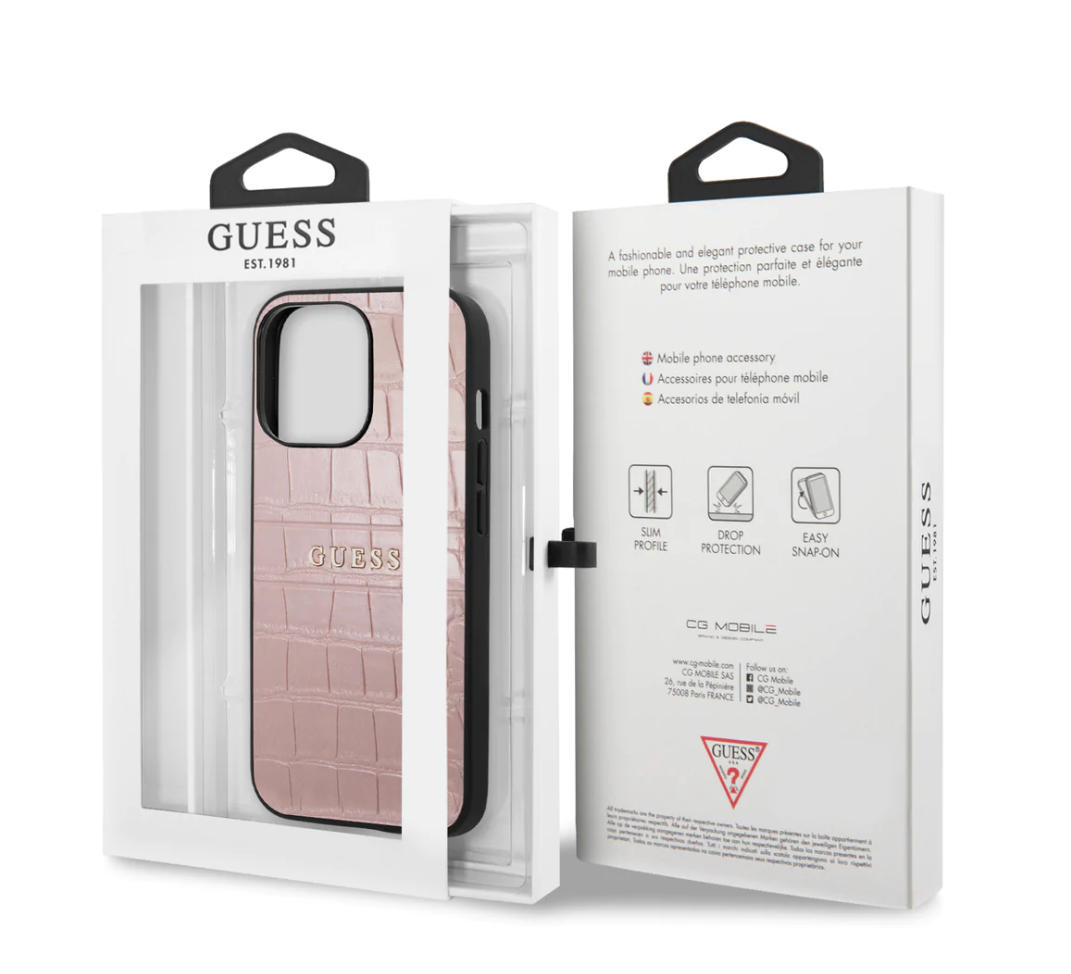 iPhone 13 Pro Max LEATHER CASE PINK CROCO DESIGN HOT STAMPED LINES AND METAL LOGO - GUESS