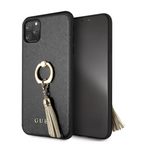 Protective Apple iPhone Back Cover - iPhone 13 Pro Max LEATHER CASE BLACK SAFFIANO COLLECTION WITH RING STAND & TASSLE - GUESS