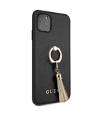 Protective Apple iPhone Back Cover - iPhone 13 Pro Max LEATHER CASE BLACK SAFFIANO COLLECTION WITH RING STAND & TASSLE - GUESS - Style 2