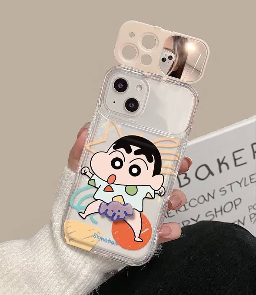 Shinchan Cartoon iPhone Case with Kickstand Mirror & Charm – Soft Silicone Cover