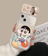 Shinchan Cartoon iPhone Case with Kickstand Mirror & Charm – Soft Silicone Cover