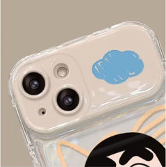 Shinchan Cartoon iPhone Case with Kickstand Mirror & Charm – Soft Silicone Cover